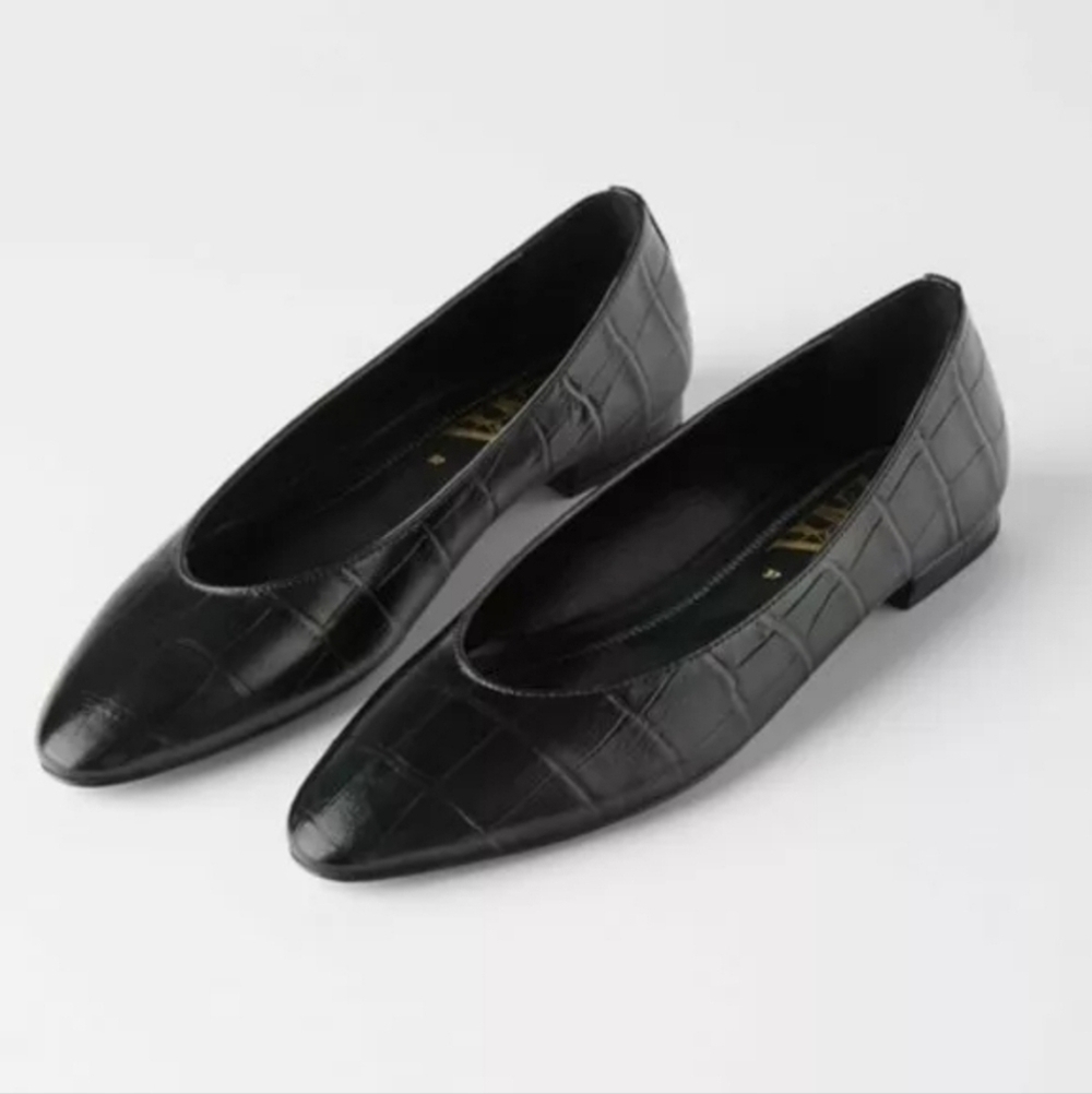 Zara Leather Black Crocodile Pattern Women's Flats